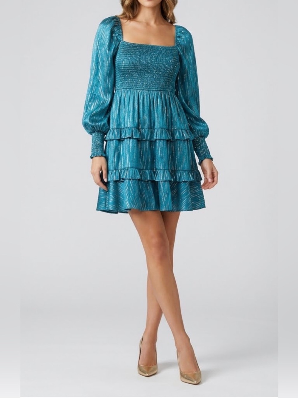VICI Teal Metallic Stripe Tiered Mini Dress Smocked Puff Sleeve NWOT Size M